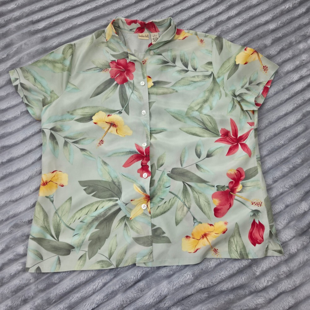 Linden Hill 100% Silk Tropical Floral Button Down Shirt Sage Green Red Yellow L